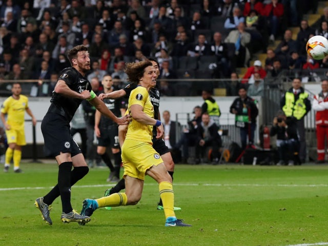 Chelsea's David Luiz fails to convert a header against Eintracht Frankfurt in the Europa League on May 2, 2019.