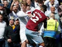 Patrick Bamford has an altercation with Anwar El Ghazi during the Championship game between Leeds United and Aston Villa on April 28, 2019