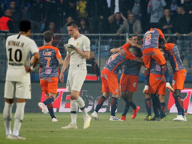 Montpellier's Souleymane Camara celebrates scoring their third goal against PSG on April 30, 2019