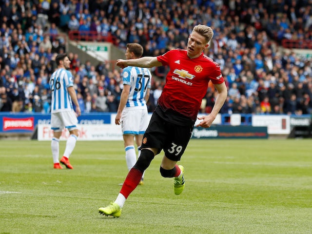 Scott McTominay celebrates scoring during the Premier League game between Huddersfield Town and Manchester United on May 5, 2019