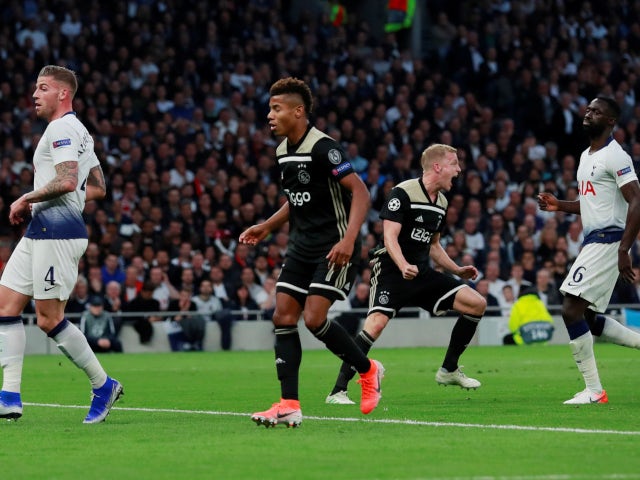 Ajax midfielder Donny van de Beek reacts to opening the scoring for his side against Tottenham Hotspur on April 30, 2019
