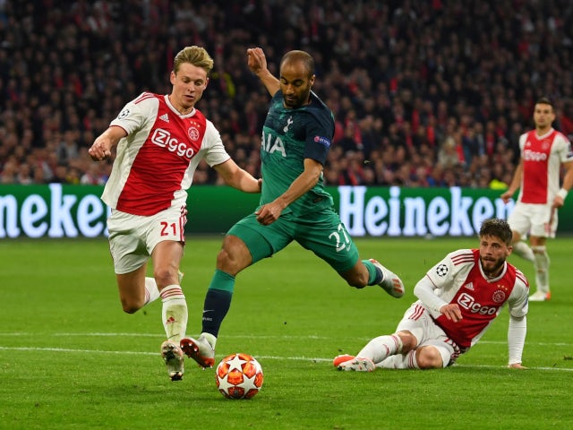 Lucas Moura scores the first of his goals in Tottenham Hotspur's Champions League tie with Ajax on May 8, 2019
