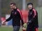 Arsenal goalkeepers Petr Cech and Deyan Iliev during training ahead of a Europa League match in February 2018