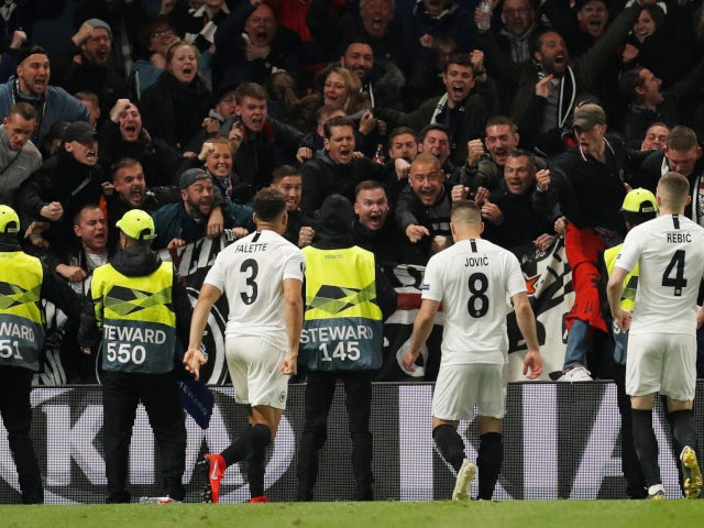 Eintracht Frankfurt celebrate Luka Jovic's goal against Chelsea in the Europa League on May 9, 2019.