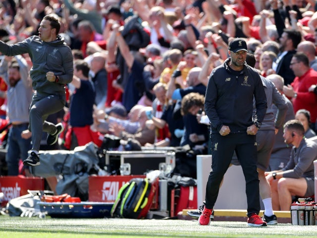 Jurgen Klopp celebrates Liverpool's opening goal against Wolverhampton Wanderers in the Premier League on May 12, 2019.