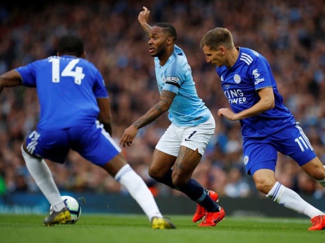 Raheem Sterling on the ball during Manchester City's Premier League meeting with Leicester City on May 6, 2019