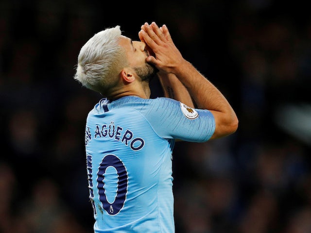 Sergio Aguero reacts to a missed chance during the Premier League game between Manchester City and Leicester City on May 6, 2019