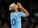 Sergio Aguero reacts to a missed chance during the Premier League game between Manchester City and Leicester City on May 6, 2019