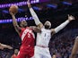 Toronto Raptors forward Kawhi Leonard (2) shoots against Philadelphia 76ers forward Mike Scott (1) during the first quarter in game four of the second round of the 2019 NBA Playoffs at Wells Fargo Center on May 5, 2019