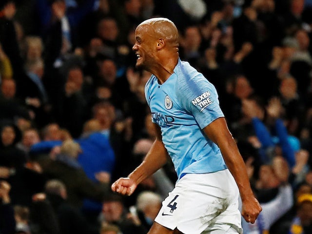 Vincent Kompany celebrates his crucial goal during the Premier League game between Manchester City and Leicester City on May 6, 2019
