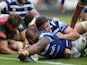 Bath's Beno Obano scores a try against Leicester Tigers on May 18, 2019