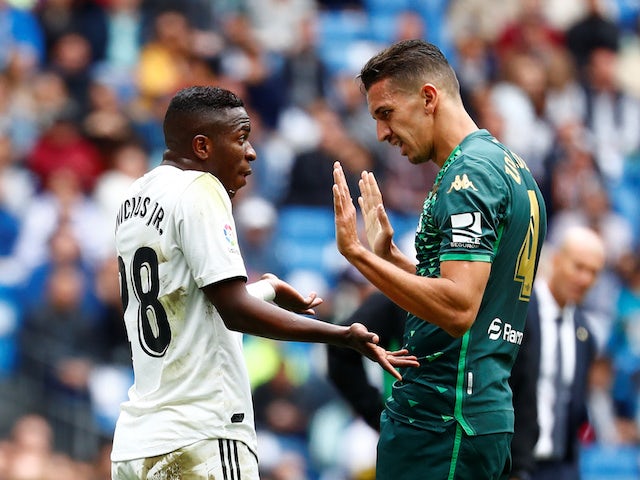 Real Madrid's Vinicius Junior argues with Real Betis's Zouhair Feddal in La Liga on May 19, 2019