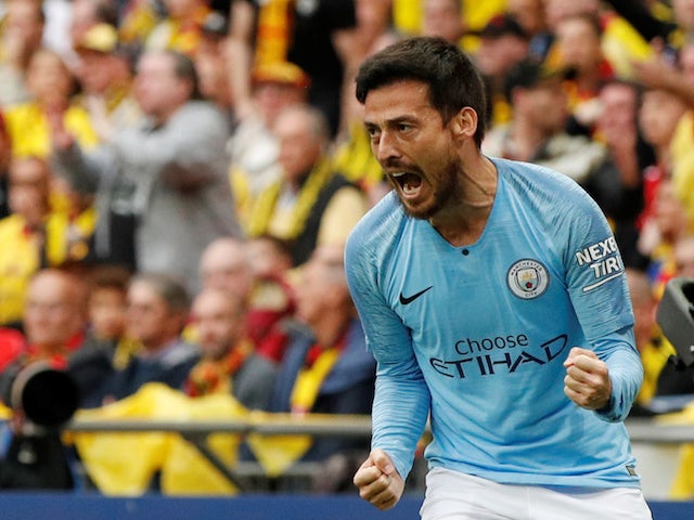 Manchester City midfielder David Silva celebrates opening the scoring in the FA Cup final against Watford on May 18, 2019