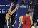 Golden State Warriors guard Stephen Curry (30) celebrates against Portland Trail Blazers guard Seth Curry (31) during the third quarter in game two of the Western conference finals of the 2019 NBA Playoffs at Oracle Arena on May 17, 2019