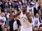 Toronto Raptors forward Kawhi Leonard (2) reacts after making a basket against the Philadelphia 76ers in game seven of the second round of the 2019 NBA Playoffs at Scotiabank Arena on May 13, 2019