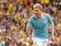 Manchester City's Kevin De Bruyne celebrates scoring their third goal against Watford in the FA Cup final on May 18, 2019