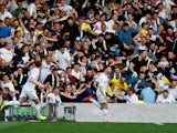 Stuart Dallas celebrates after opening the scoring for Leeds United against Derby County in their Championship playoff semi-final second leg on May 15, 2019