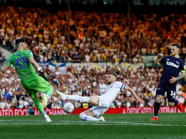 Derby County's Jack Marriott scores moments after coming off the bench in the Championship playoff semi-final second leg against Leeds United on May 15, 2019