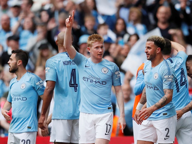 Manchester City's Kevin De Bruyne celebrates scoring their third goal of the FA Cup final against Watford on May 18, 2019