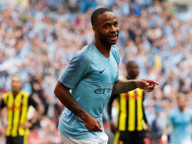Manchester City's Raheem Sterling celebrates scoring their second goal against Watford on May 18, 2019