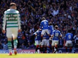 Rangers' James Tavernier celebrates with team mates after scoring their first goal against Celtic on May 12, 2019