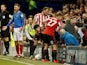Sunderland's Luke O'Nien climbs out of the Portsmouth fans after falling in on May 16, 2019