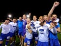 Tranmere Rovers's players celebrate reaching the final of the League Two playoffs on May 13, 2019