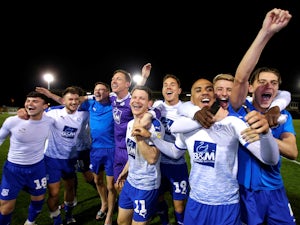 Tranmere Rovers's players celebrate reaching the final of the League Two playoffs on May 13, 2019