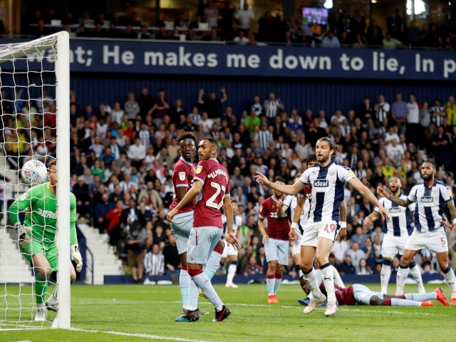 Craig Dawson opens the scoring for West Bromwich Albion in their Championship playoff semi-final second leg against Aston Villa on May 14, 2019