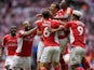 Patrick Bauer is mobbed by his Charlton Athletic teammates after scoring a late winner against Sunderland in the League One playoff final on May 26, 2019