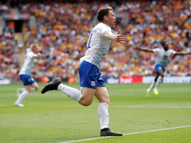 Connor Jennings celebrates after scoring the only goal in the League Two playoff final between Tranmere Rovers and Newport County on April 25, 2019