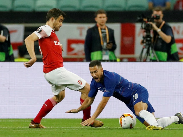 Chelsea's Eden Hazard in action with Arsenal's Sokratis Papastathopoulos during the 2019 Europa League final on May 29, 2019