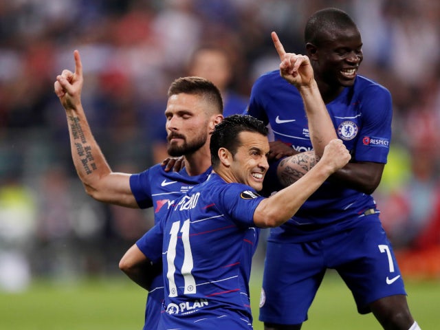 Olivier Giroud celebrates with Pedro and N'Golo Kante after giving Chelsea the lead against Arsenal in the 2019 Europa League final on May 29, 2019