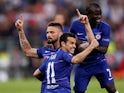 Olivier Giroud celebrates with Pedro and N'Golo Kante after giving Chelsea the lead against Arsenal in the 2019 Europa League final on May 29, 2019