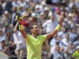 Rafael Nadal (ESP) celebrates recording match point during his match against Yannick Hanfmann (GER) on day two of the 2019 French Open at Stade Roland Garros on May 27, 2019