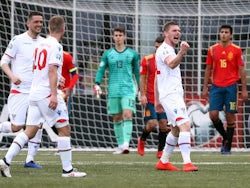 Faroe Islands forward Klaemint Olsen celebrates scoring against Spain in their Euro 2020 qualifier on June 7, 2019