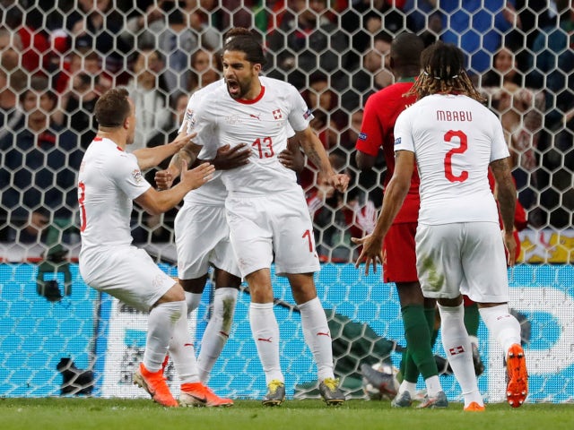Switzerland's Ricardo Rodriguez celebrates scoring against Portugal in the UEFA Nations League on June 5, 2019.