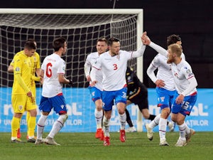 Faroe Islands defender Viljormur Davidsen celebrates scoring against Romania in March 2019