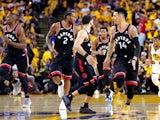 Toronto Raptors guard Danny Green (14) reacts after a play during the third quarter against the Golden State Warriors in game three of the 2019 NBA Finals at Oracle Arena