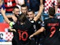 Croatia's Ivan Perisic celebrates scoring their second goal against Wales with Luka Modric and team mates on June 8, 2019