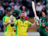 Australia's David Warner celebrates hitting a century in a Cricket World Cup match on June 12, 2019