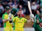 Australia's David Warner celebrates hitting a century in a Cricket World Cup match on June 12, 2019