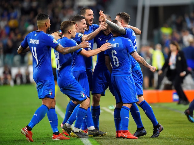 Italy's Marco Verratti celebrates scoring their first goal against Bosnia with team mates on June 11, 2019