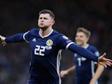 Oliver Burke celebrates scoring for Scotland against Cyprus on June 8, 2019