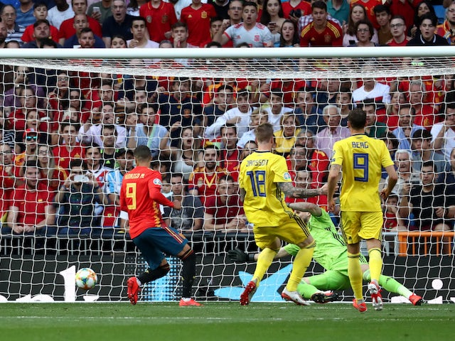 Spain's Rodrigo Moreno has a goal disallowed against Sweden during their Euro 2020 qualifier on June 10, 2019