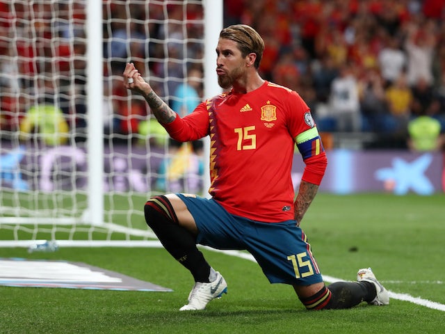 Spain captain Sergio Ramos celebrates scoring against Sweden in their Euro 2020 qualifier on June 10, 2019
