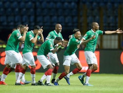 Madagascar's Anicet Abel celebrates their first goal with team mates on June 22, 2019