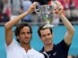 Spain's Feliciano Lopez and Britain's Andy Murray celebrate winning their doubles final match against Rajeev Ram of the U.S. and Britain's Joe Salisbury on June 23, 2019