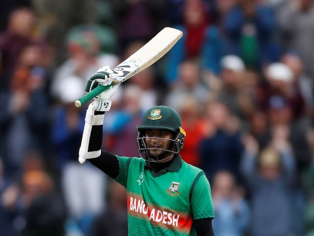 Bangladesh batsman Shakib Al Hasan celebrates a century against West Indies at the Cricket World Cup on June 17, 2019