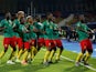 Cameroon's Stephane Bahoken celebrates scoring their second goal against Guinea-Bissau with teammates on June 25, 2019